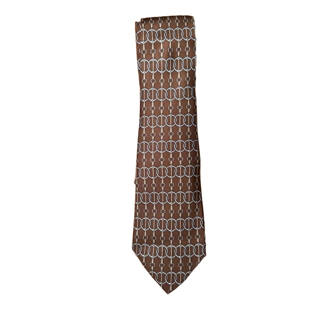 HERMÈS Tie Mens Brown Gold Horse Bit Pattern Luxury With Box